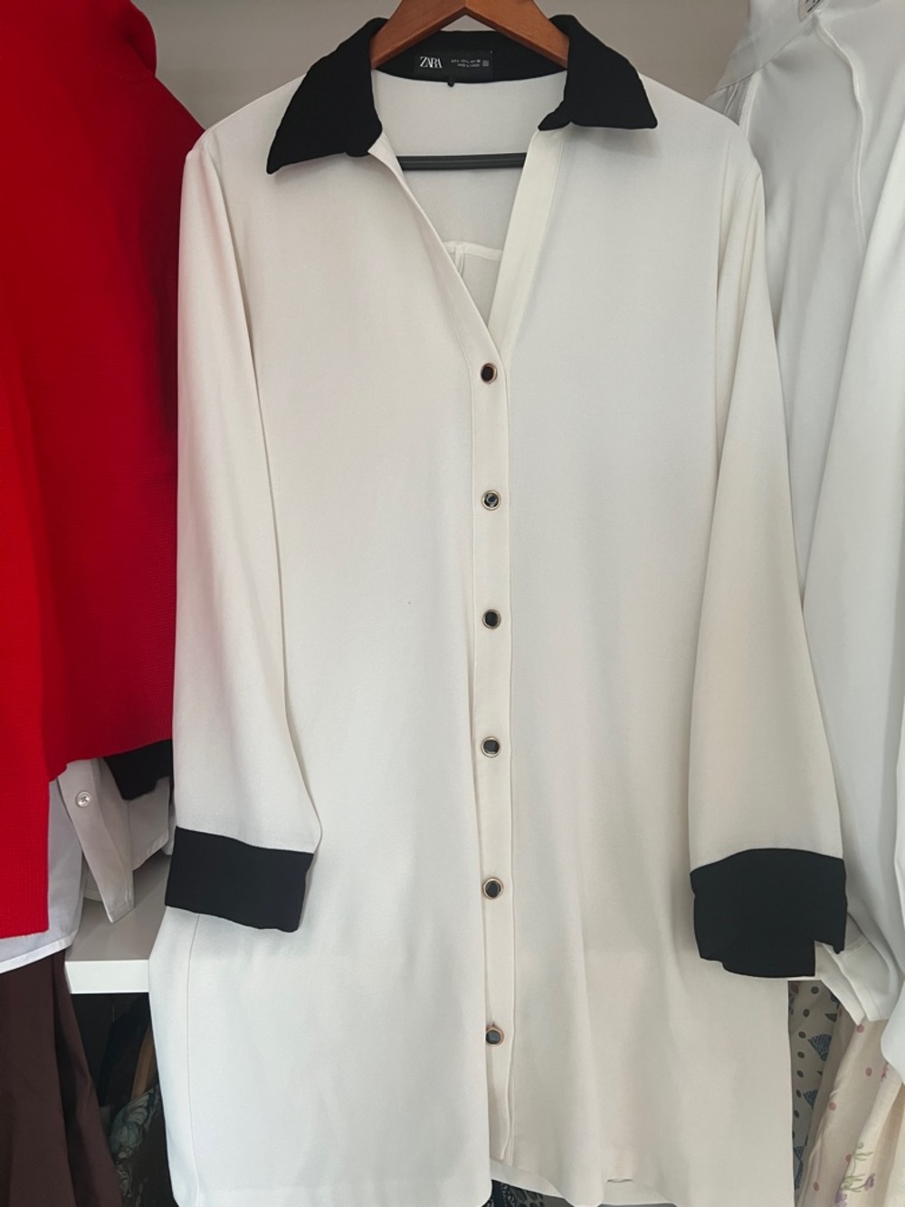 Zara off white button down shirt dress with Black Contrast Collar, size L